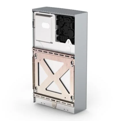 Disassembled external hard drive with metal casing.