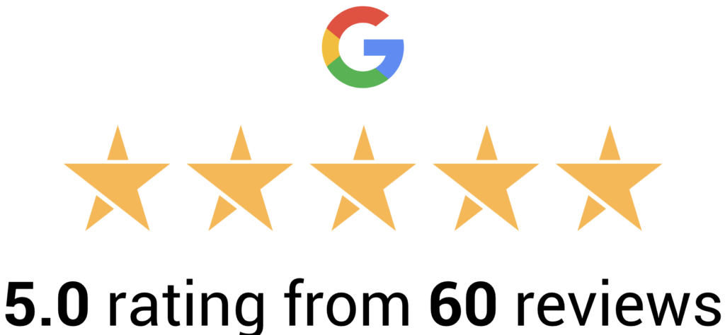 5 gwiazdek Google, logo z 60 recenzjami.